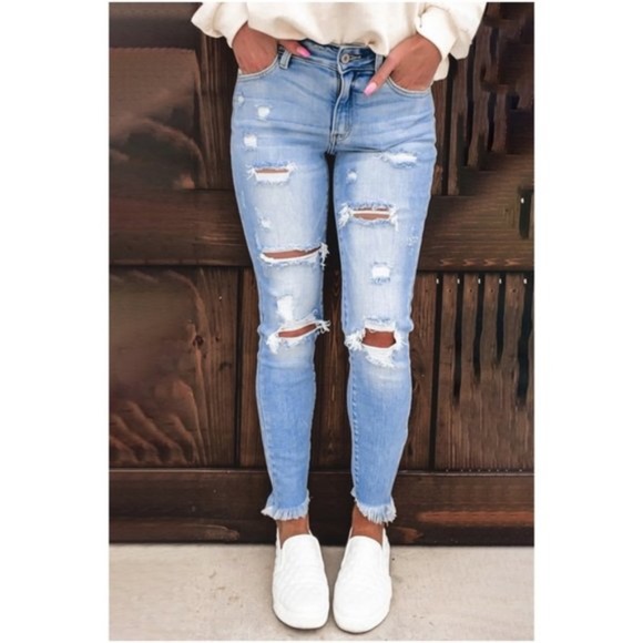 Light wash distressed skinny denim jeans Frayed - Picture 1 of 3